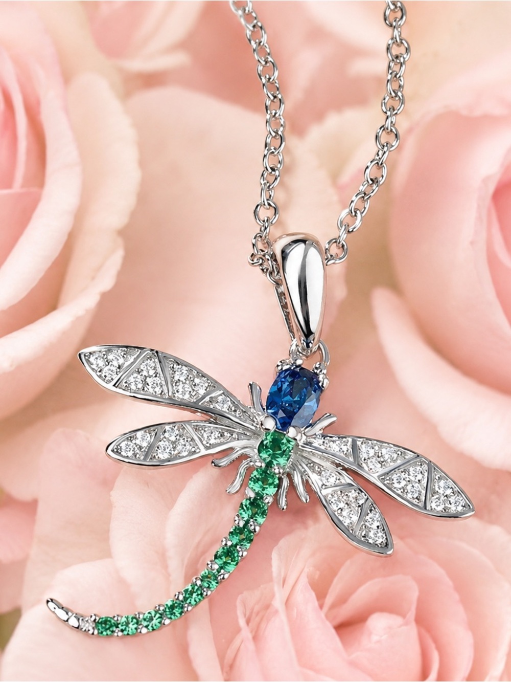 Blue and Green Dragonfly Pendant Necklace - Women Jewelry